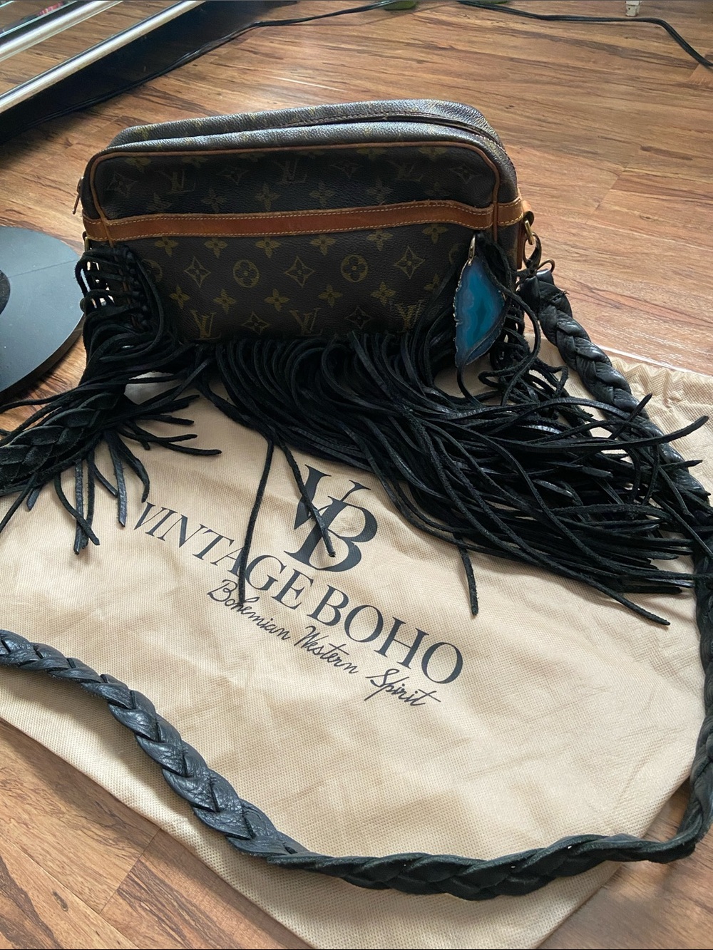 Vintage Boho LV Brown Monogram Crossbody with Black Fringe